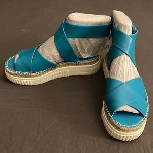 Franco Sarto Brock Platform Sandals In Teal Leather - Size 5M